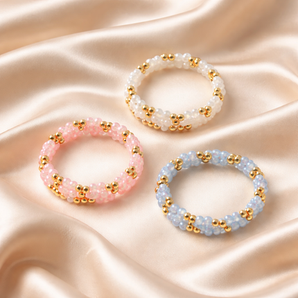 Beaded Stretch Bracelets with Gold Accents | Pink, Blue & White Stackable Bracelets