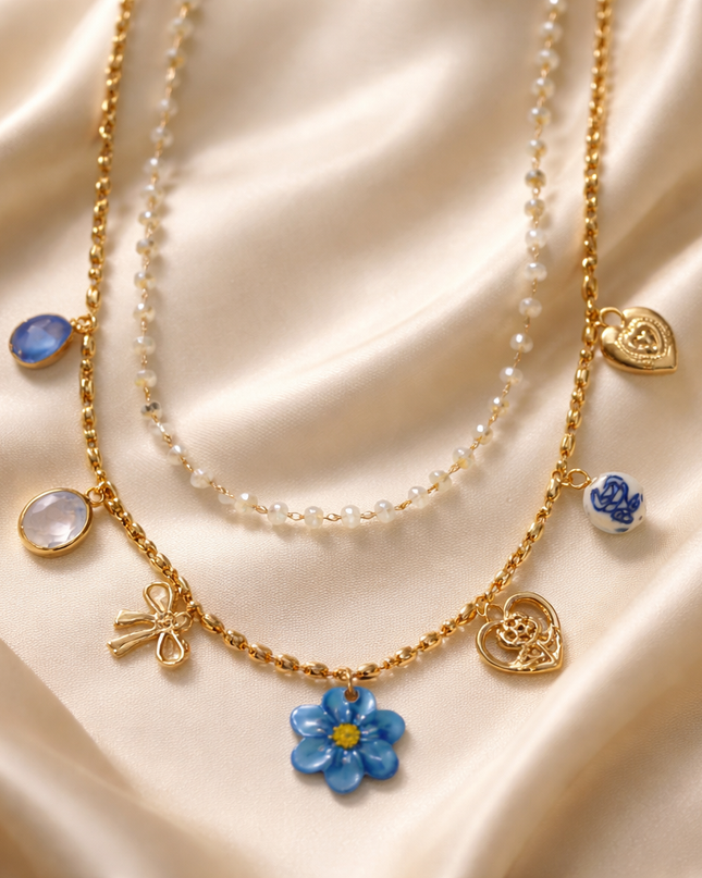 Gold Charm Necklace with Blue Flower Pendant – Layered Beaded & Charm Necklace Gift for Her