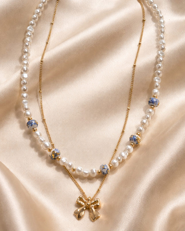 Ceramic Pearl Bow Necklace