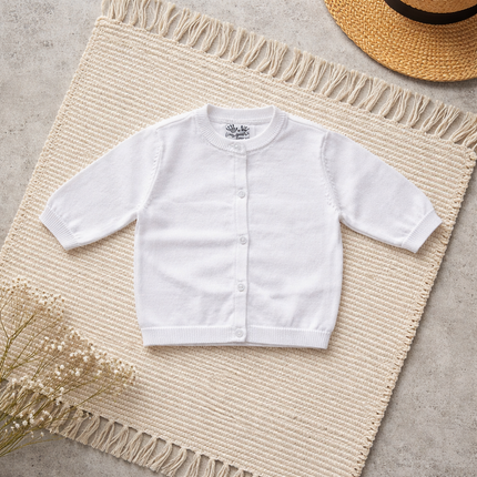 Pearl button sweater white — classic baby clothing, baby shower gift