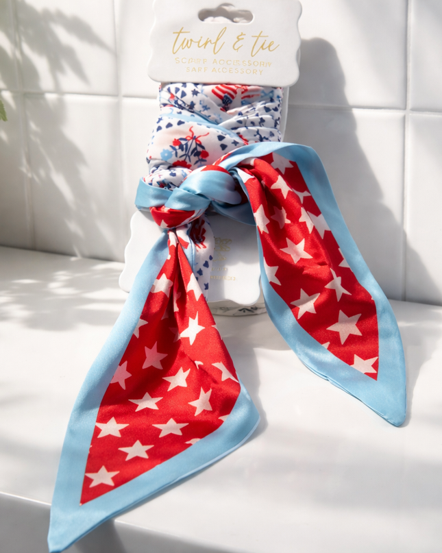 Patriotic Twilly Scarf for Handbags – Red White Blue Star Print Hair & Bag Accessory