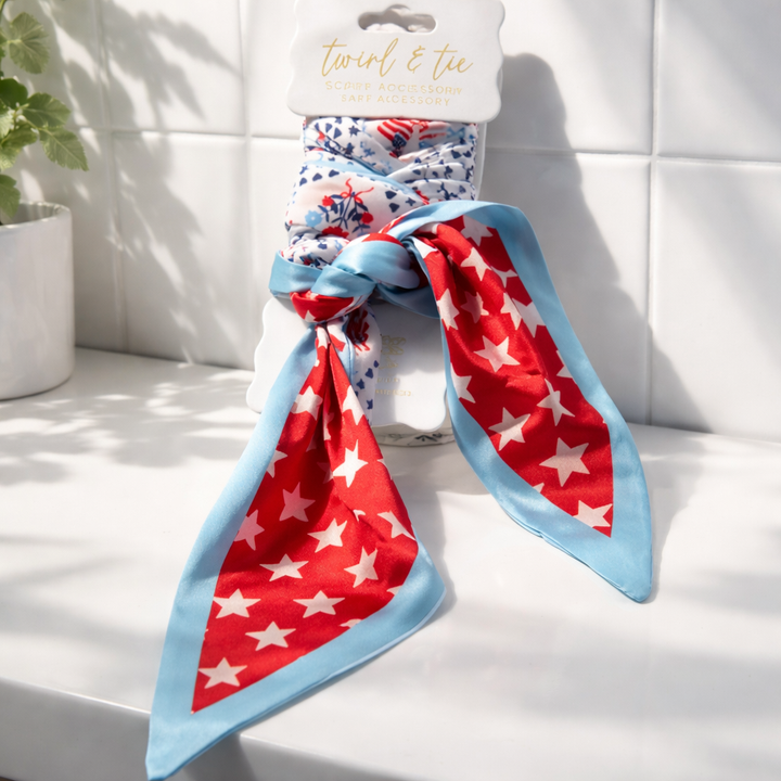 Patriotic Twilly Scarf for Handbags – Red White Blue Star Print Hair & Bag Accessory