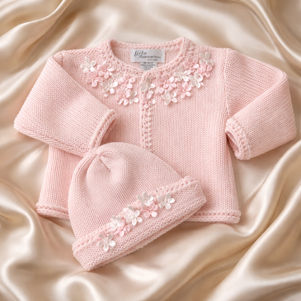 Hand Knit Baby Sweater and Hat Set – Pink  Pearl Flowers