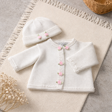 White Hand Knit Sweater and Hat with Pink Rose Bud Flowers