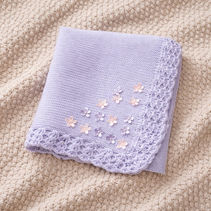 Lavender Hand Knit Blanket with Rhinestone flower