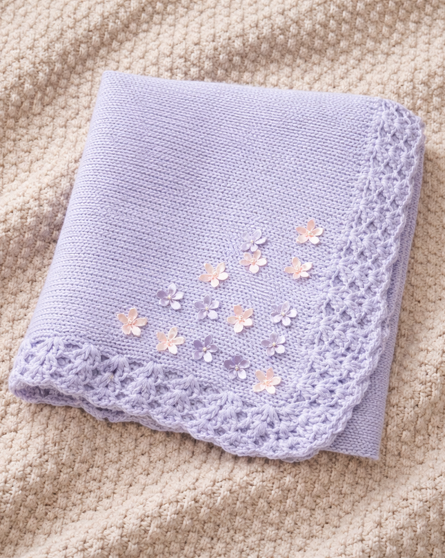 Lavender Hand Knit Blanket with Rhinestone flower