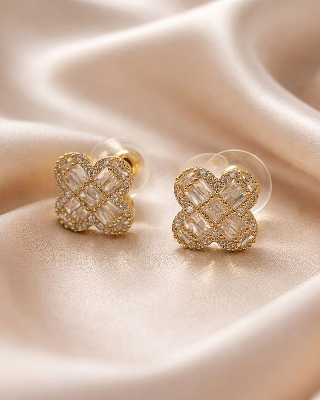Gold Clover Crystal Stud Earrings