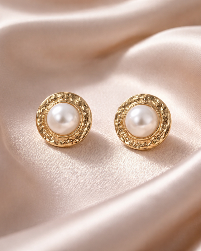 Gold Textured Pearl Stud Earrings | Vintage-Inspired Statement Earrings
