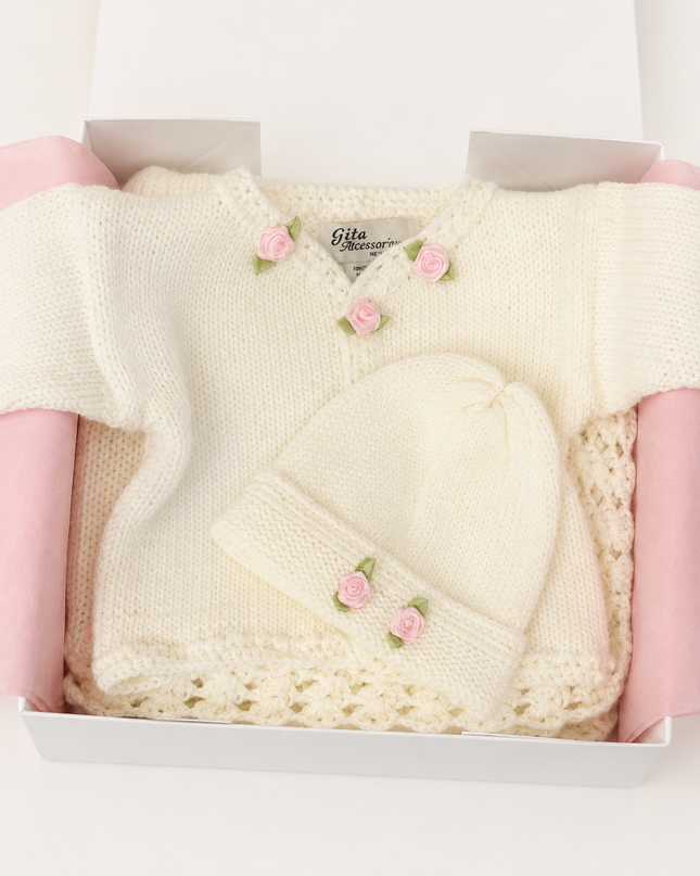 White Hand Knit Sweater with Pink Rosettes