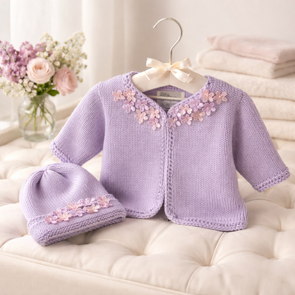 Lavender Hand Knit Sweater and Hat with Pearl Flowers