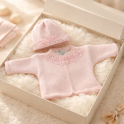 Pink hand knit sweater and hat with rhinestone flowers — luxury baby clothing gift