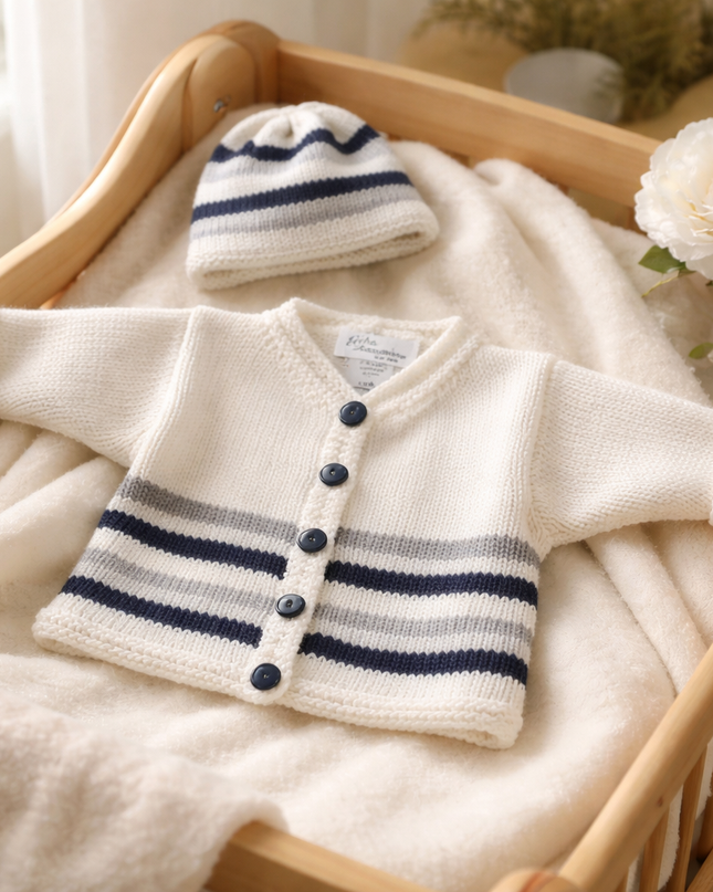 White/Navy and Grey Stripe Sweater and Hat