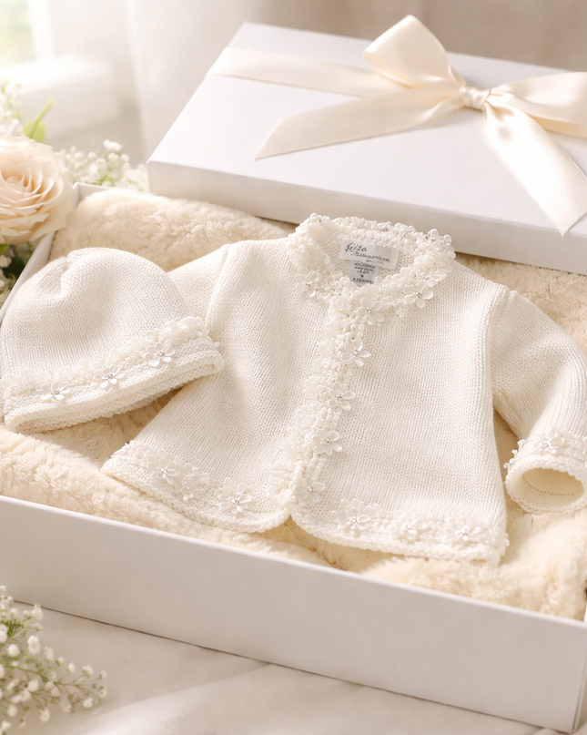 White/Chenille Trim Sweater and Hat