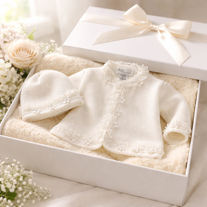 White/Chenille Trim Sweater and Hat