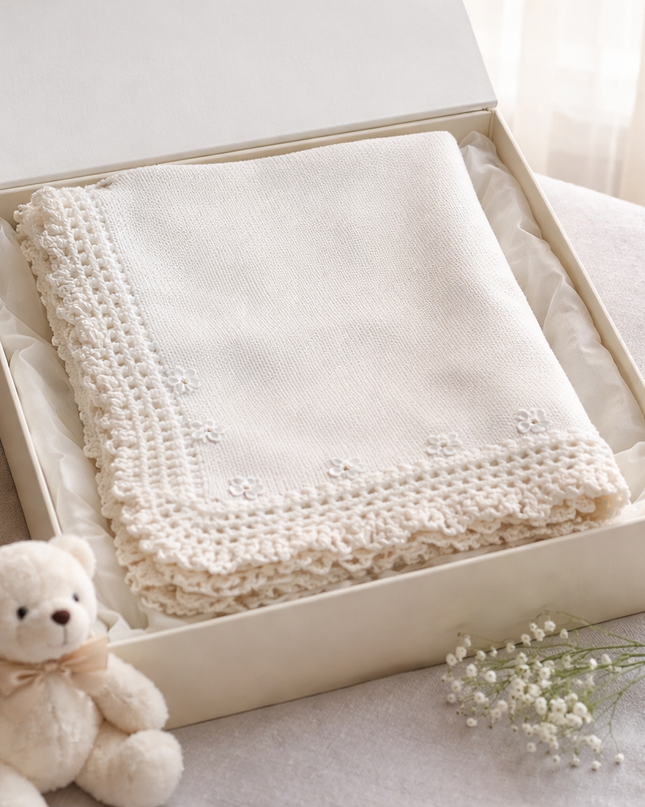 White/Chenille Trim Hand Knit Blanket