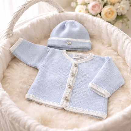 Hand knit white and blue tweed sweater and hat set — luxury baby clothing gift