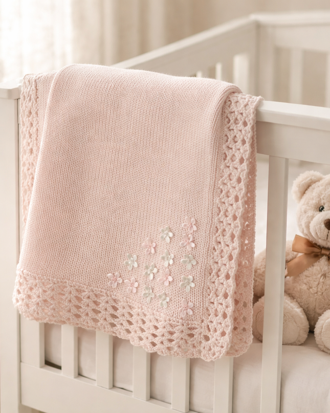 Pink hand knit blanket with rhinestone flower — alternate view showing detail