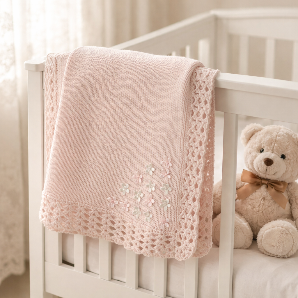 Pink Hand Knit Blanket with Rhinestone flower