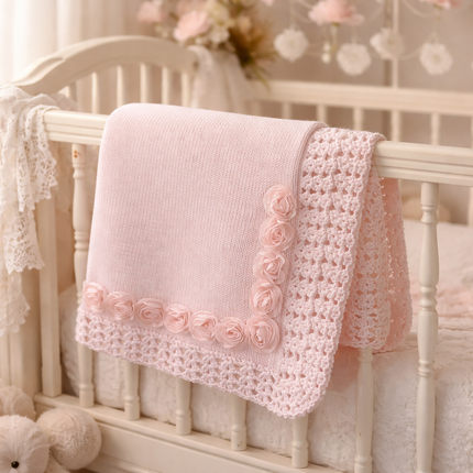 Pink cotton hand knit blanket with chiffon roses — luxury baby shower gift