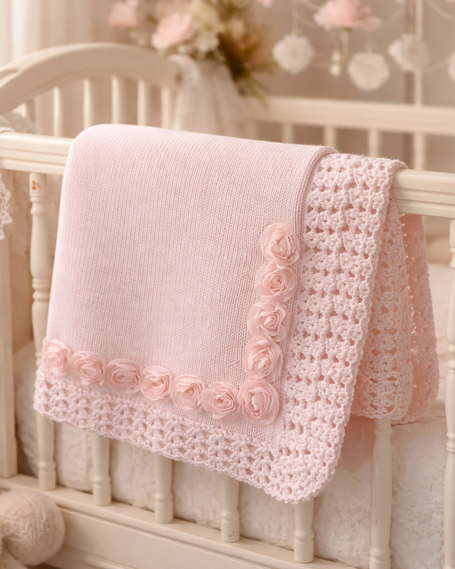 Pink cotton hand knit blanket with chiffon roses — luxury baby shower gift