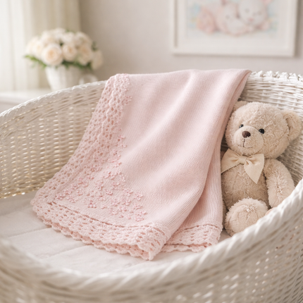 Pink hand knit blanket with rhinestone flower — luxury baby shower gift