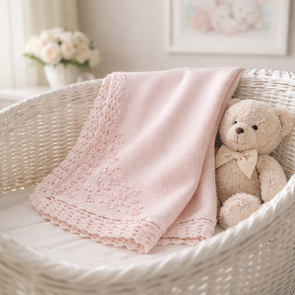 Pink Hand Knit Blanket with Rhinestone flower