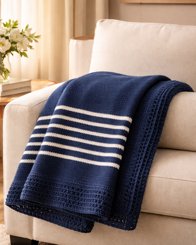 Navy/Thin White Hand Knit Blanket