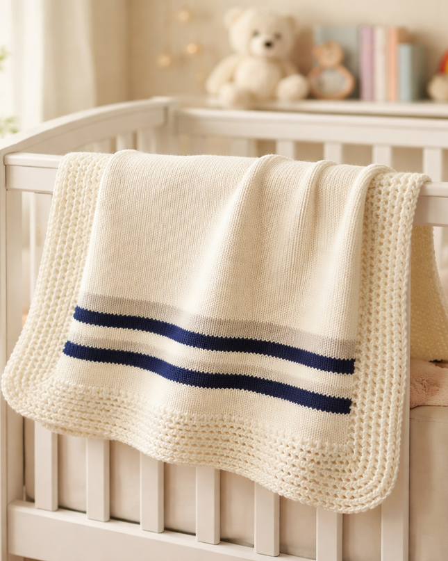 White/Navy and Grey Stripe Hand Knit Blanket