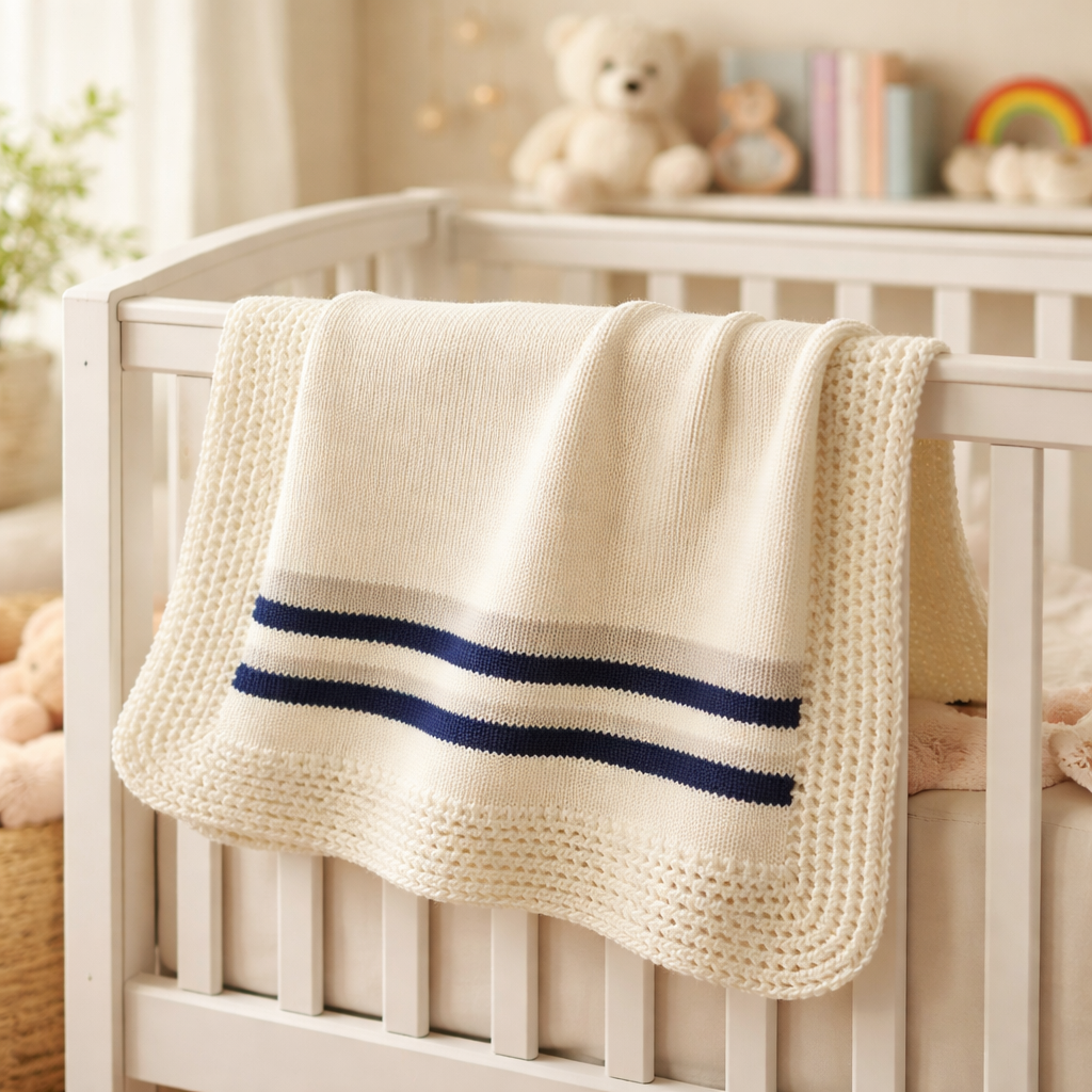 White/Navy and Grey Stripe Hand Knit Blanket