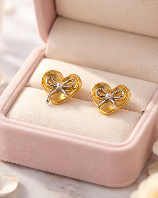 Gold Heart Bow Stud Earrings – Dainty Two-Tone Love Earrings