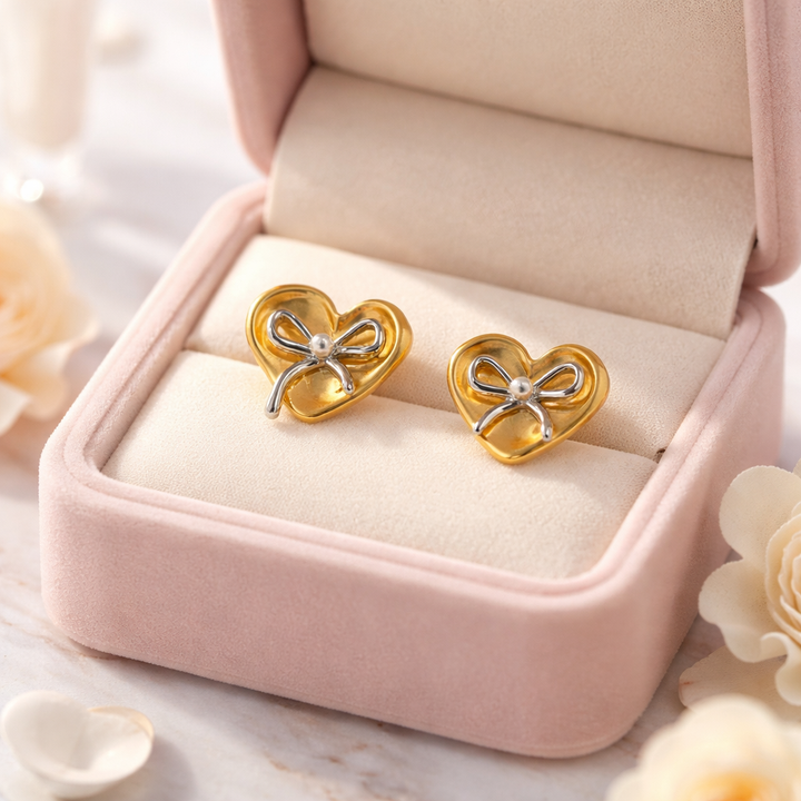 Gold Heart Bow Stud Earrings – Dainty Two-Tone Love Earrings