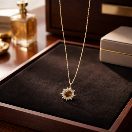 Gold Sunburst Crystal Pendant Necklace – Celestial Statement Necklace