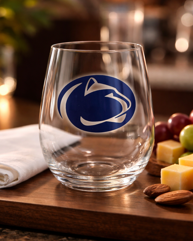 Personalized acrylic stemless wine glass — alternate color showing personalization example