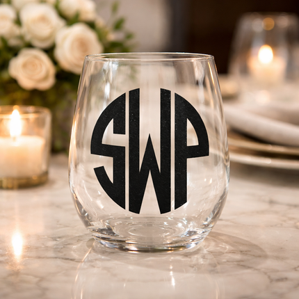 Personalized acrylic stemless wine glass — custom name or monogram, vinyl personalization included