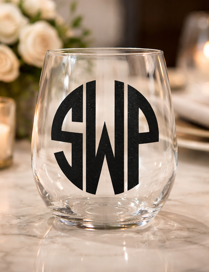 Personalized acrylic stemless wine glass — custom name or monogram, vinyl personalization included