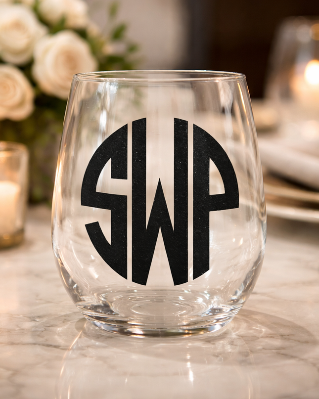 Personalized acrylic stemless wine glass — custom name or monogram, vinyl personalization included