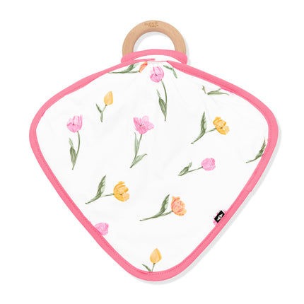 Kyte Baby Lovey With Wooden Teether Ring – Bamboo Baby Security Blanket – Tulip Print