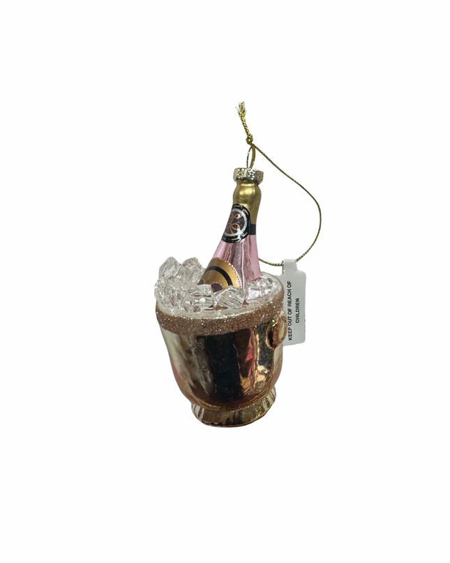 Glass Ice Bucket w/ Champagne Bottle & Glitter Ornament