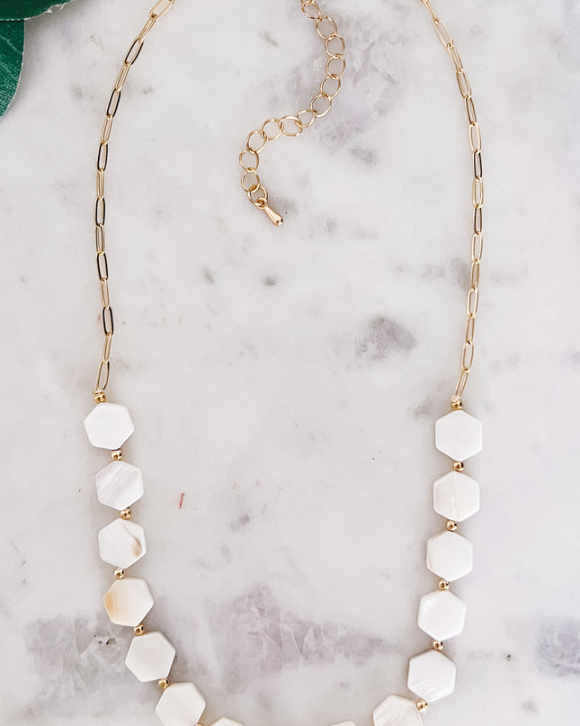 Hexagon Mother of Pearl Necklace on Gold Chain
