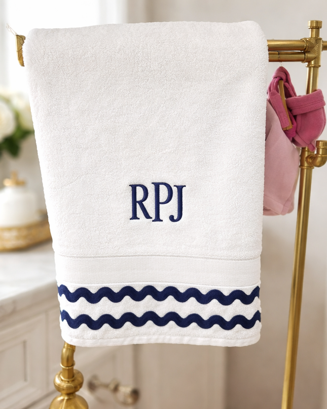 Personalized luxury white towel gift set with navy trim — custom embroidered initials, ready to gift
