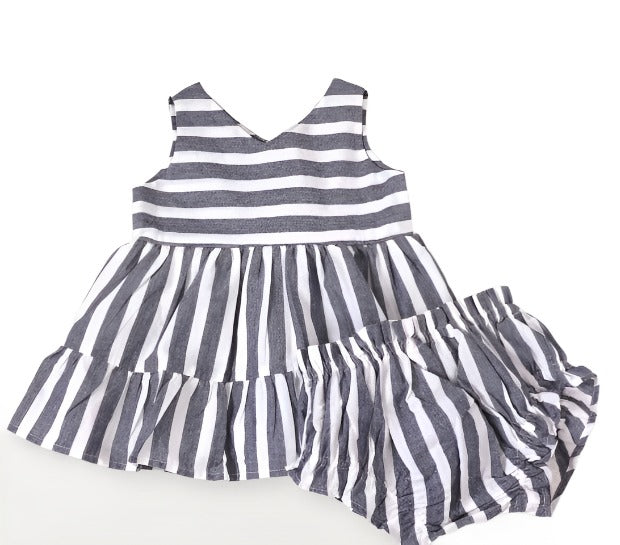 Lina Blue Stripe 2 Tier Sleeveless baby Dress & Bloomer
