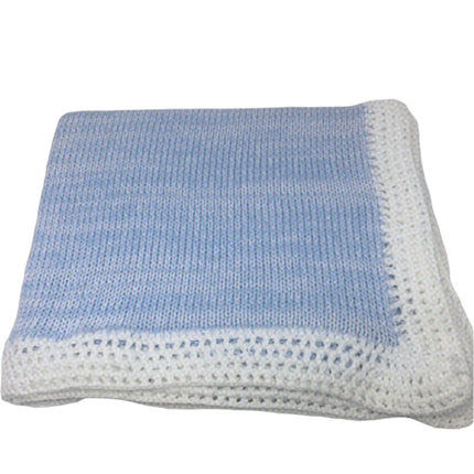 White trim light blue tweed hand knit blanket — luxury baby shower gift