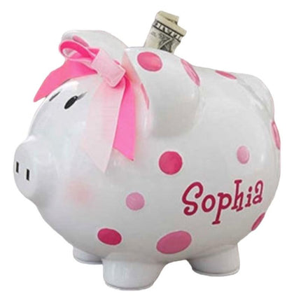 Personalized polka dot piggy bank — custom name in vinyl, baby shower and baptism gift