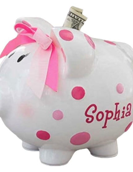 Personalized polka dot piggy bank — custom name in vinyl, baby shower and baptism gift
