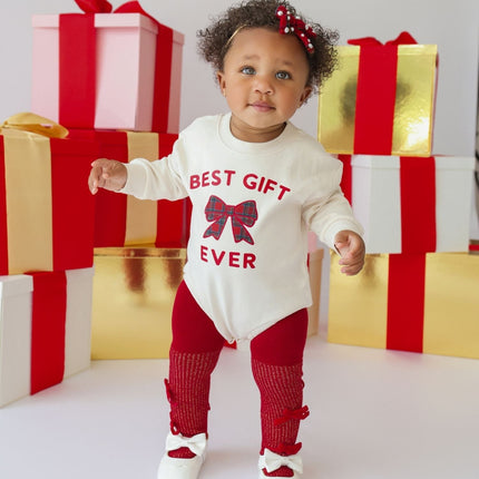 Sweet Wink Best Gift Ever Patch Christmas Long Sleeve Romper on model 3