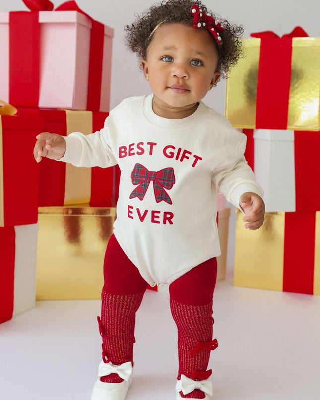 Sweet Wink Best Gift Ever Patch Christmas Long Sleeve Romper on model 3