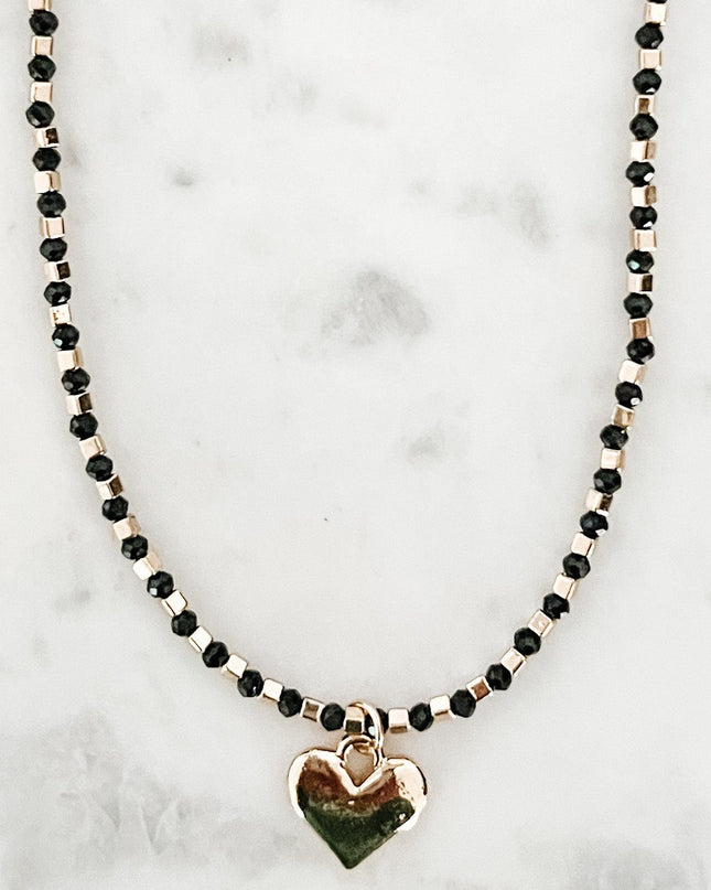 Beaded Necklace with Heart Pendant-Black
