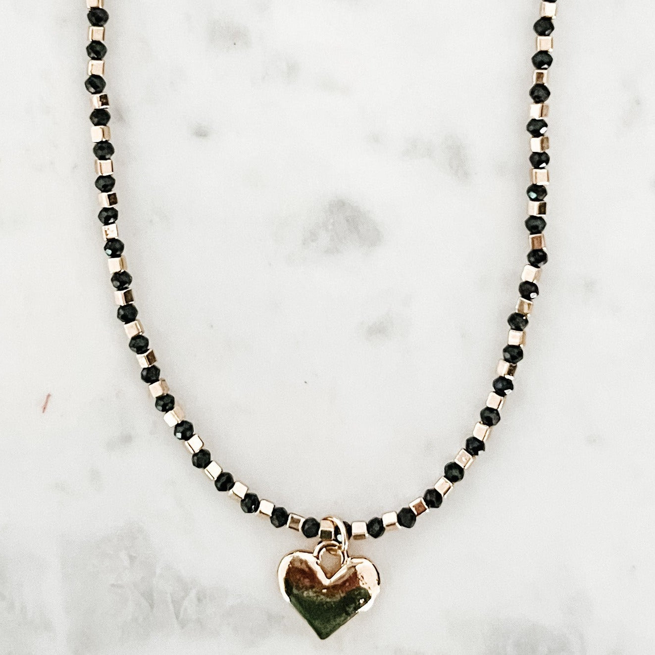 Beaded Necklace with Heart Pendant-Black