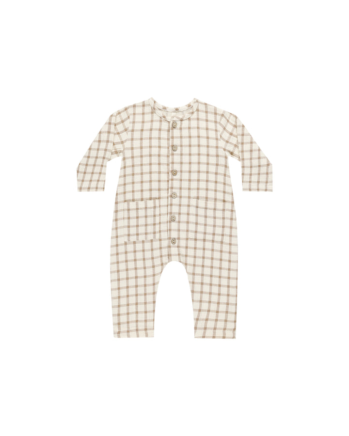 Pocketed Woven Jumpsuit-Cinnamon Plaid