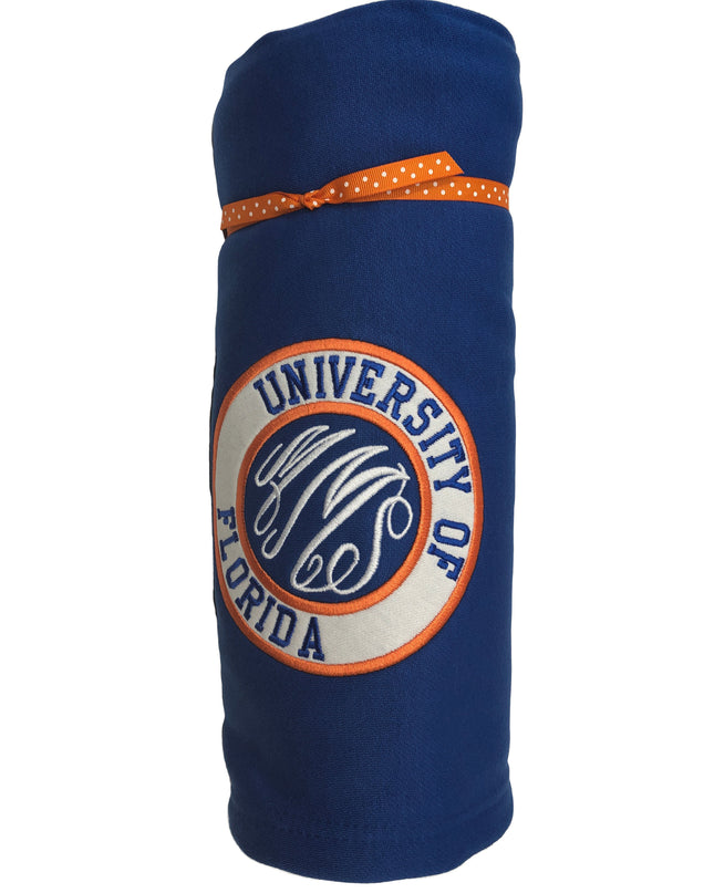 Personalized college sweatshirt blanket — royal blue colorway with school logo